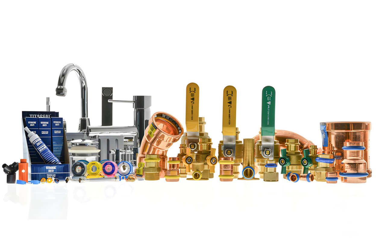 Collection of plumbing tools and equipment on a white background