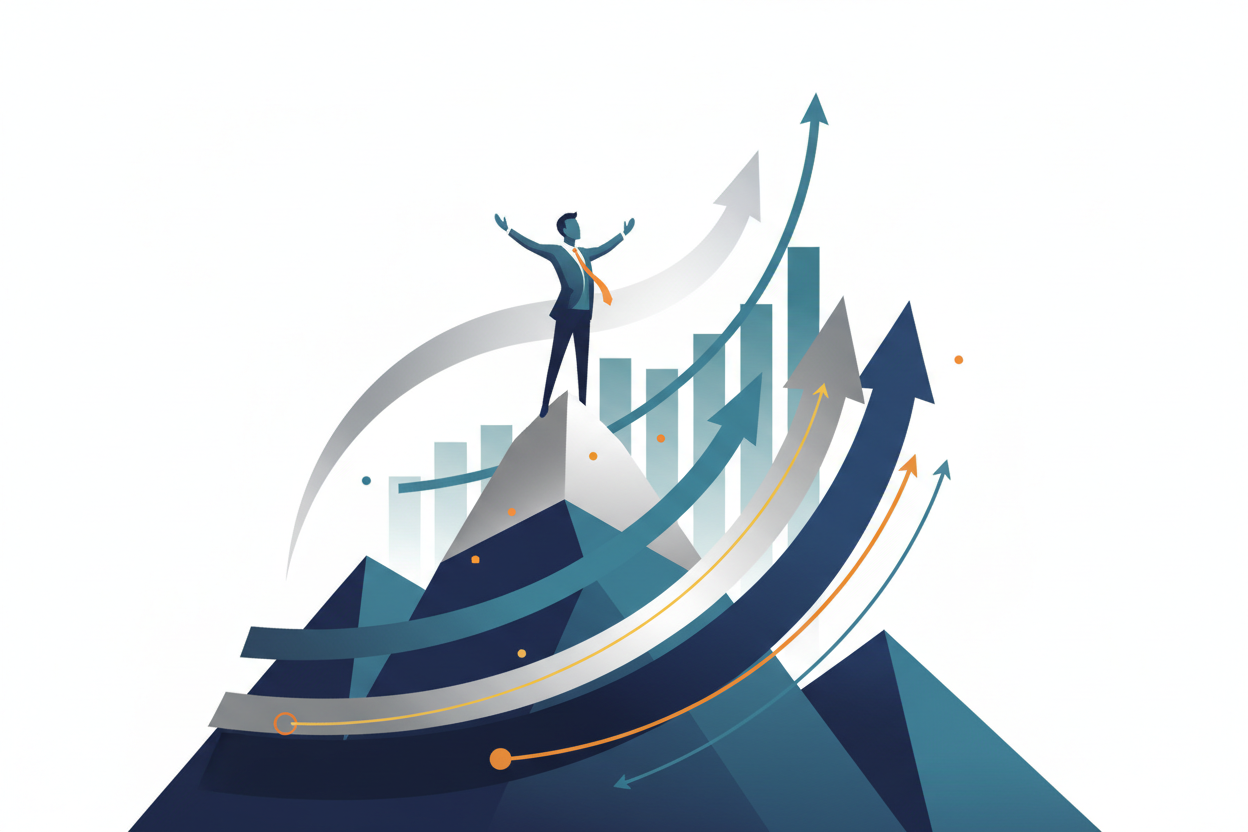 Illustration of a businessman on top of a mountain with charts and arrows, symbolizing success and achievement.